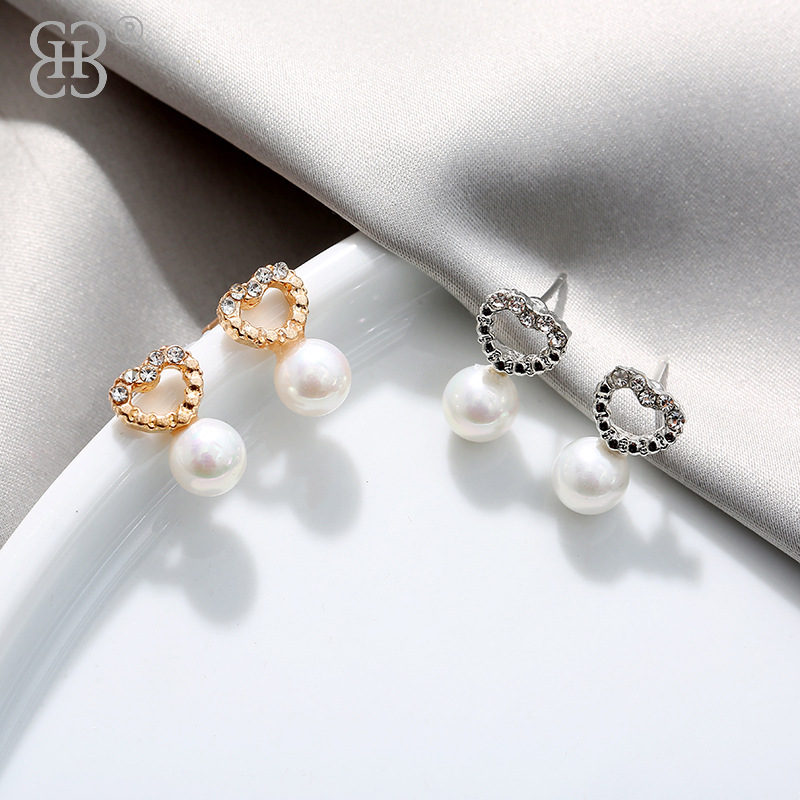 心形珍珠耳钉女现货批发小清新少女耳饰品合金水钻耳钉厂家直销