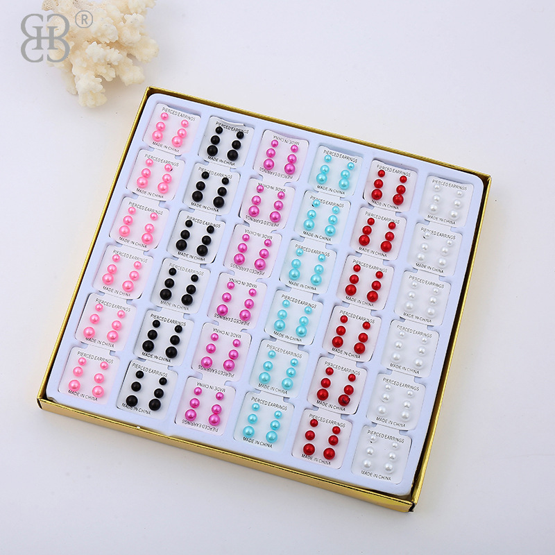 108对盒装耳钉 厂家直供水钻珍珠滴油耳钉地摊货源格子耳钉批发