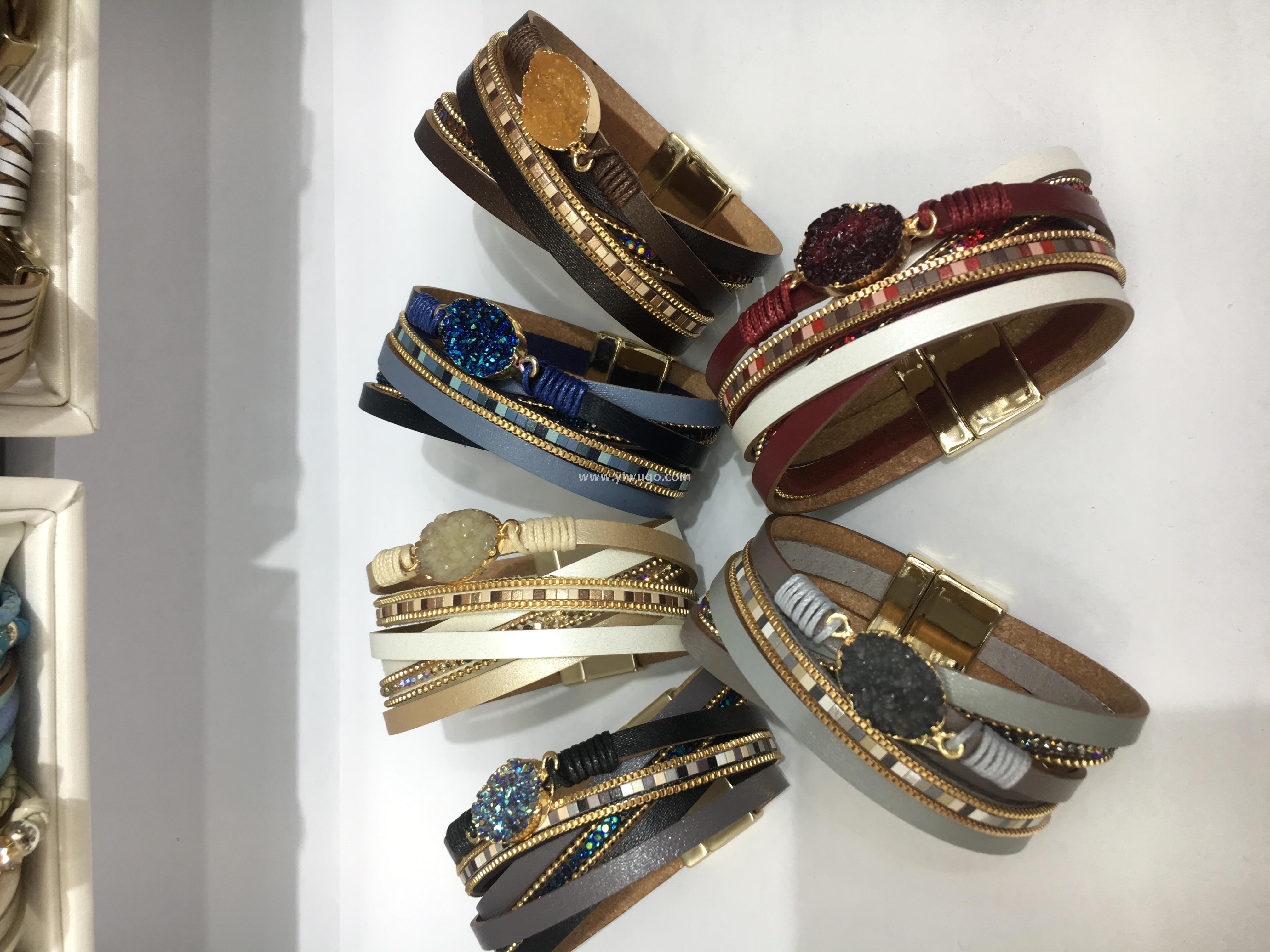 亚马逊新款欧美镶钻多层手链 女士皮革手环磁扣波西米亚风格手环