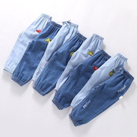 qiqiang ins new children‘s clothing korean style children‘s jeans boys and girls fashionable fan tencel cotton denim mosquito-proof pants
