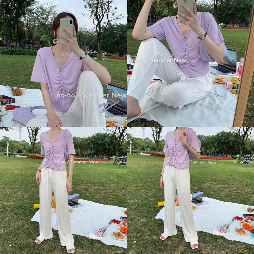 2020夏季bm风小众款chic抽褶单排扣v领设计显瘦短款上衣女短袖t恤