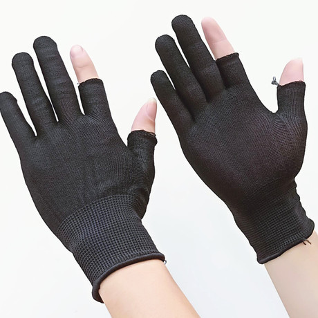 dew two finger pure black breathable men and women packing express nylon labor protection driving thin gloves leak 2 fingers