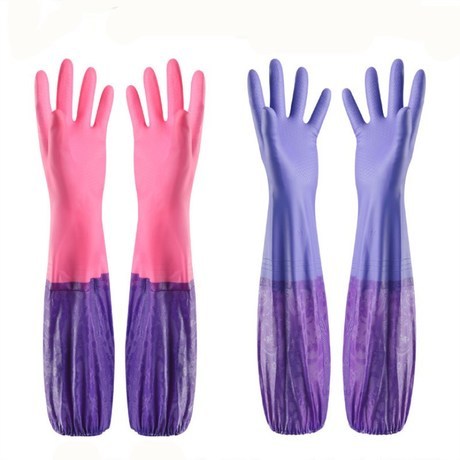 lengthened thickened laundry dishwashing cleaning flower sleeve random drawstring fleece-lined thermal rubber gloves household gloves wholesale