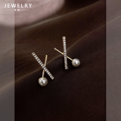 french cross design pearl non-pierced ear clip earrings female niche earrings