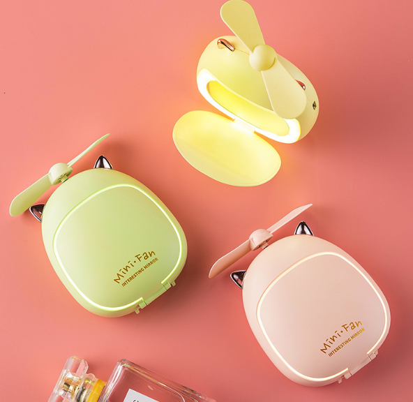 卡通LED美妆镜灯风扇 萌宠补光灯手持风扇 便携式口袋usb充电风扇