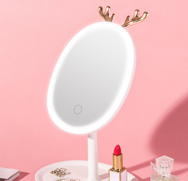 新品灵鹿角led化妆镜 台式带灯宿舍梳妆网红桌面便携随身小镜子