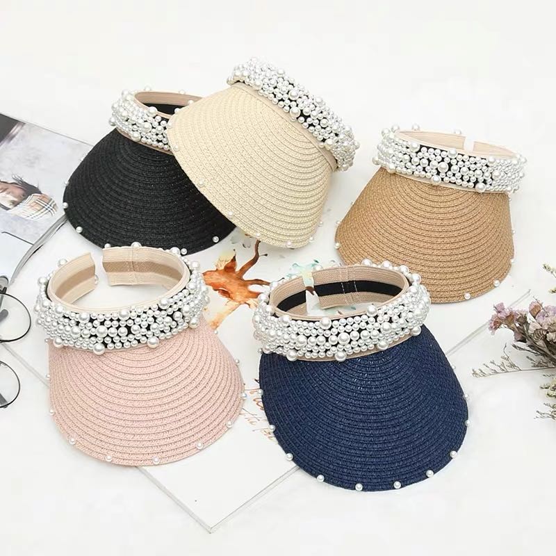 新款遮阳防晒太阳帽休闲手工珍珠网红ins草帽女甜美空顶遮阳帽