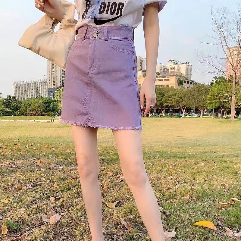 高腰牛仔裙女夏季韩版新款紫色短裙百搭显瘦a字裙毛边半身一步裙
