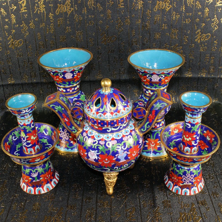 景泰蓝家用祭祀法器传统铜胎掐丝珐琅磨光8寸佛前泰山五供五献