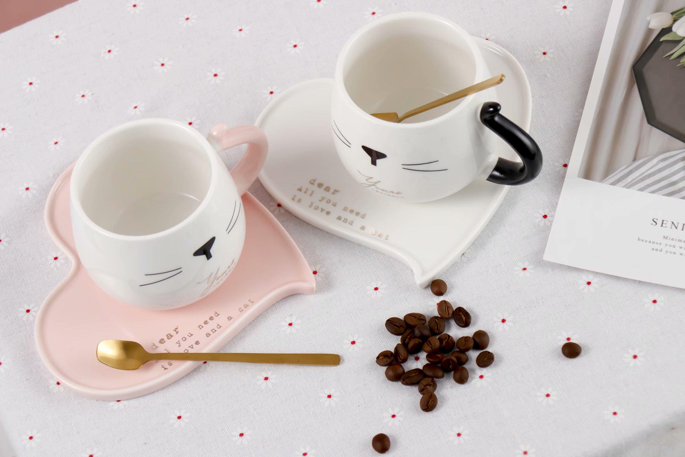 可爱小猫桃心陶瓷咖啡杯碟