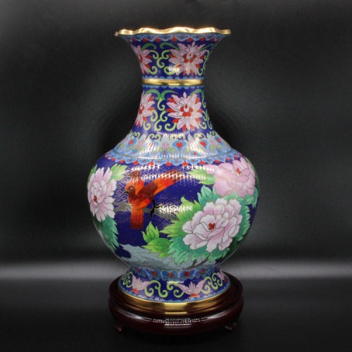 Beijing Cloisonne Craft Gift Vase Decoration Traditional Copper Tire Cloisonne Enamel Polished 12-Inch Flower Mouth Bottle