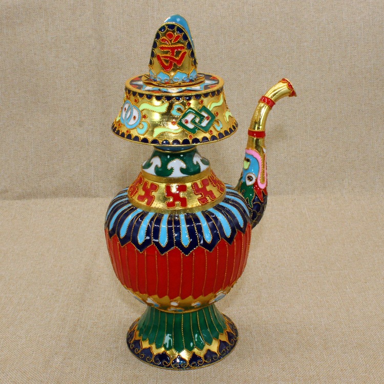 景泰蓝藏传佛教密宗法器铜胎掐丝软珐琅花丝滴油文巴壶净水壶