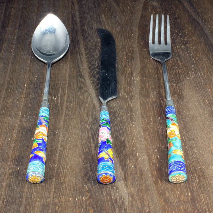 纪念收藏北京景泰蓝外贸库存老货掐丝珐琅花丝工艺刀叉勺