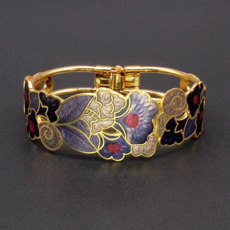 北京景泰蓝民族风饰品手饰冲压珐琅（七宝烧）贴面弹簧开口手镯