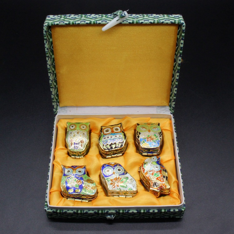 北京景泰蓝中国风旅游纪念品冲压珐琅（银蓝）磨光猫头鹰首饰盒