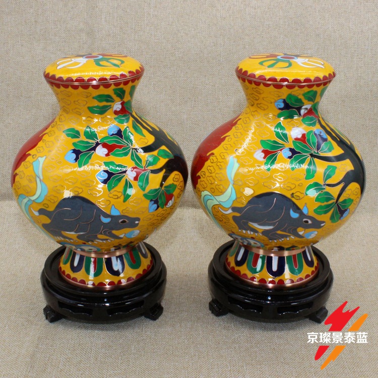 景泰蓝藏传佛教密宗法器素铜掐丝软珐琅磨光7寸鼠宝罐净瓶