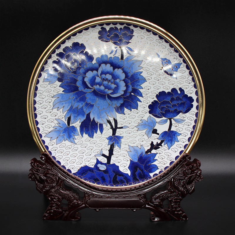 北京景泰蓝工艺礼品摆件传统铜胎掐丝珐琅磨光8寸牡丹圆盘