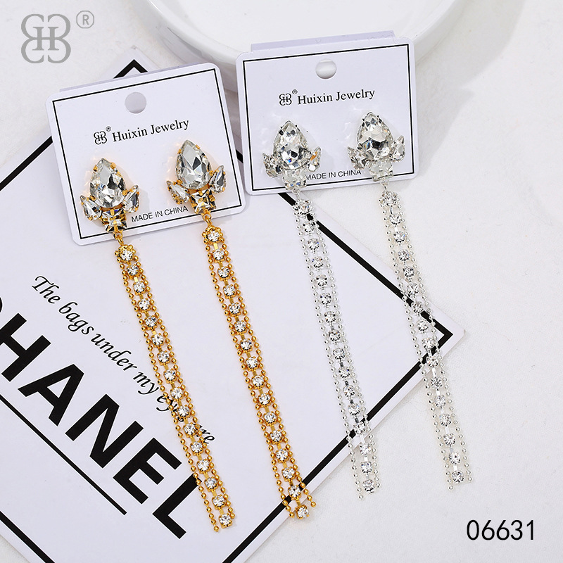 厂家直销镶水钻耳环气质女神轻奢耳坠简约长款流苏首饰品耳钉批发