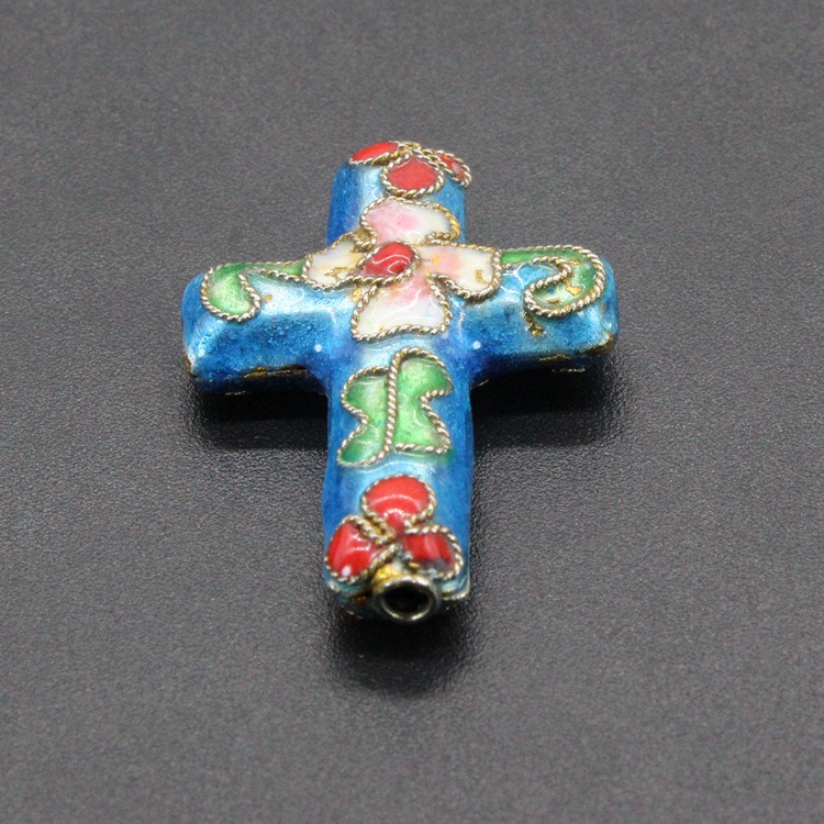 传统景泰蓝DIY饰品配件背云隔珠掐丝珐琅（花丝银蓝）27*19十字架