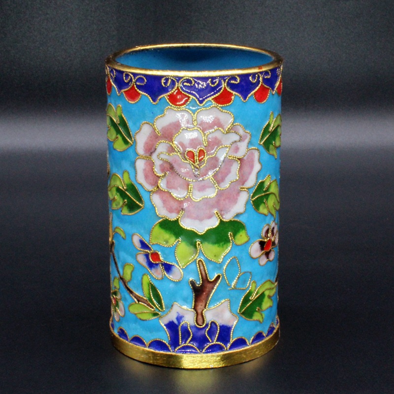 北京景泰蓝外事商务工艺礼品摆件掐丝珐琅（花丝银蓝）4寸笔筒