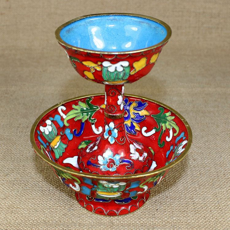 景泰蓝藏传佛教密宗法器铜胎掐丝珐琅花丝银蓝5寸双层护法杯