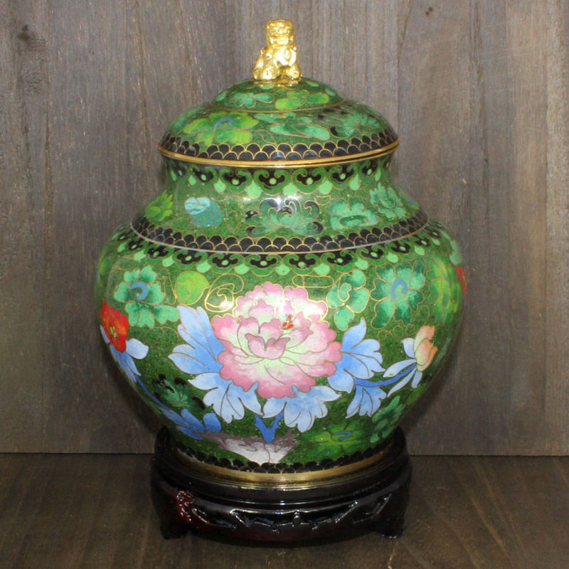 北京景泰蓝八十年代老货传统铜胎掐丝珐琅摆件磨光8寸狮顶罐