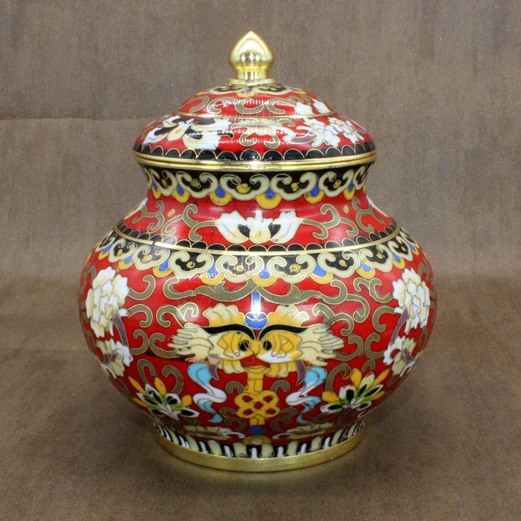 景泰蓝藏传佛教密宗法器传统铜胎掐丝珐琅6寸红地寿字罐净瓶