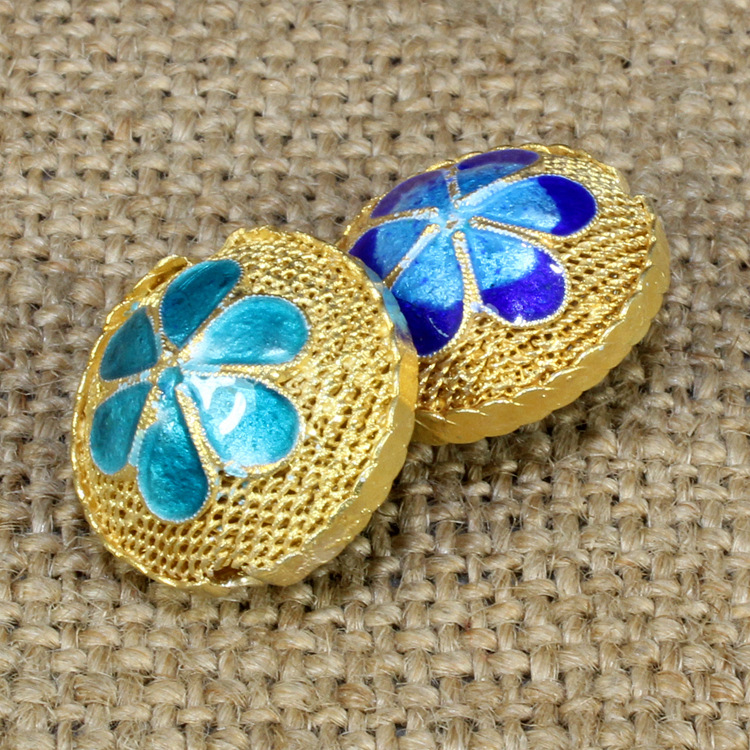 S925传统宫廷银花丝垒丝烧蓝背云隔珠DIY饰品配件17mm扁珠