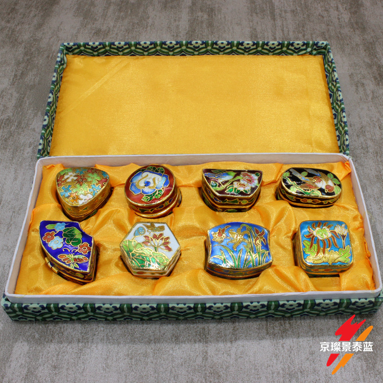 北京景泰蓝中国风旅游纪念品冲压珐琅（银蓝）磨光套八粉盒首饰盒