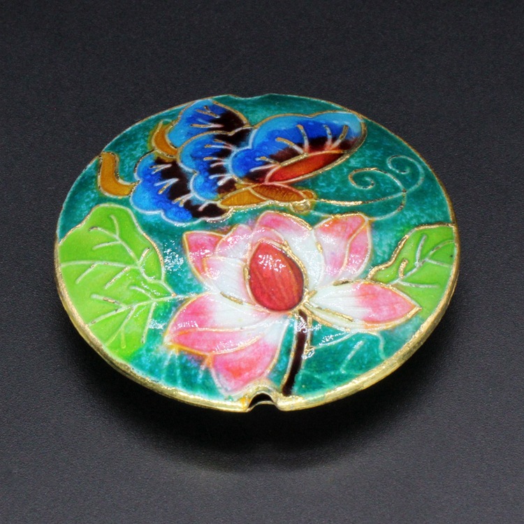 传统景泰蓝烧蓝DIY饰品配件吊牌冲压珐琅（银蓝）42mm圆荷花蝴蝶