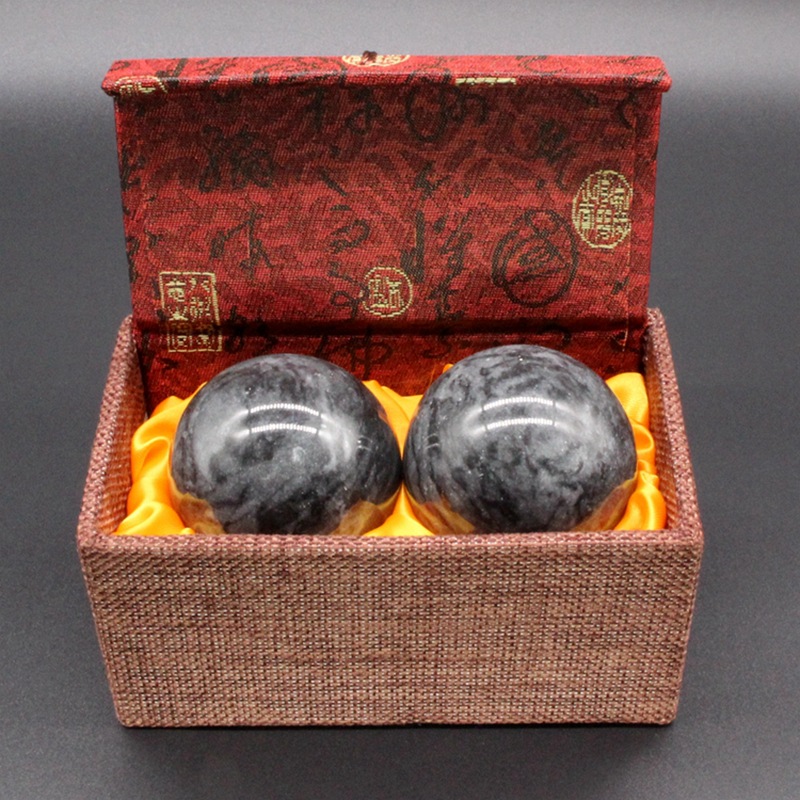 现货批发天然大理石手球中老年保健礼品麻布盒装手转按摩健身球