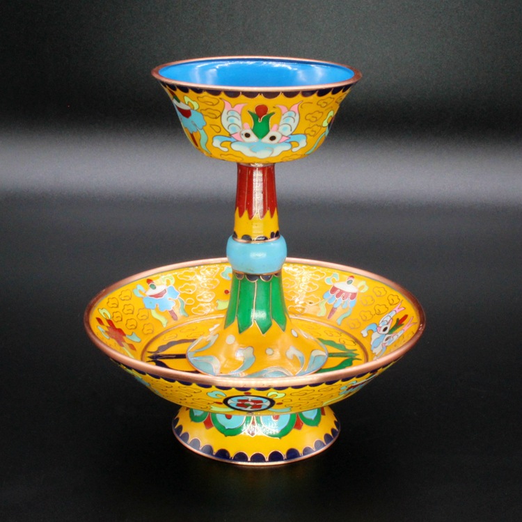 景泰蓝藏传佛教密宗法器素铜掐丝软珐琅磨光5寸双层护法杯