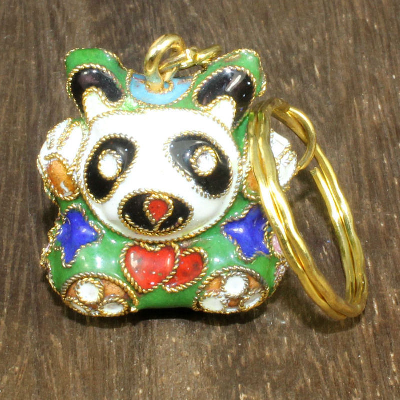 纪念收藏北京景泰蓝外贸库存老货掐丝珐琅花丝银蓝熊猫钥匙扣挂坠