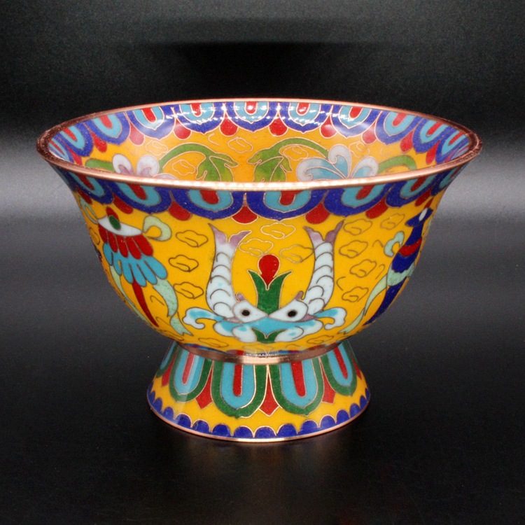 景泰蓝藏传佛教密宗法器素铜掐丝软珐琅磨光里外花八宝水碗供碗
