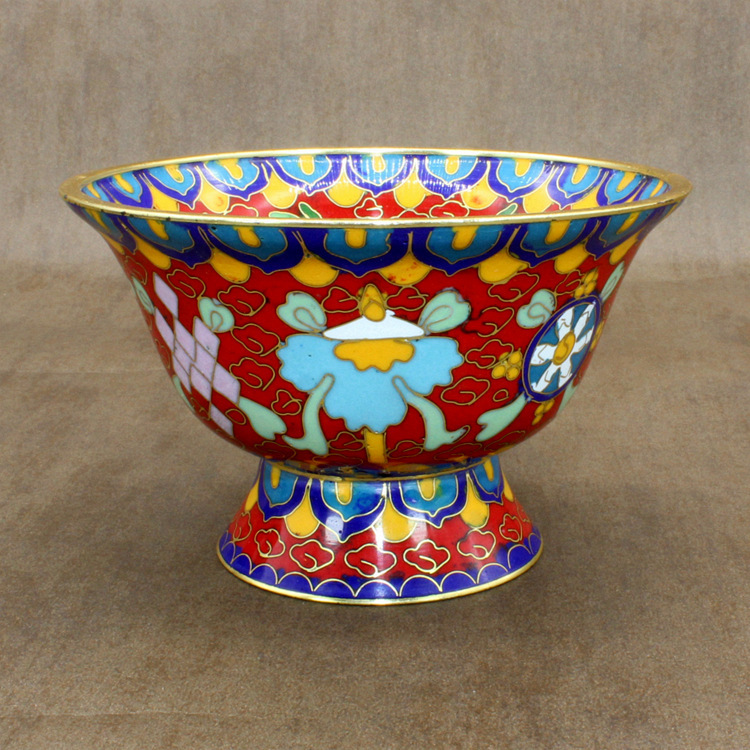 景泰蓝藏传佛教密宗法器传统铜胎掐丝珐琅里外花高脚八宝水碗供碗