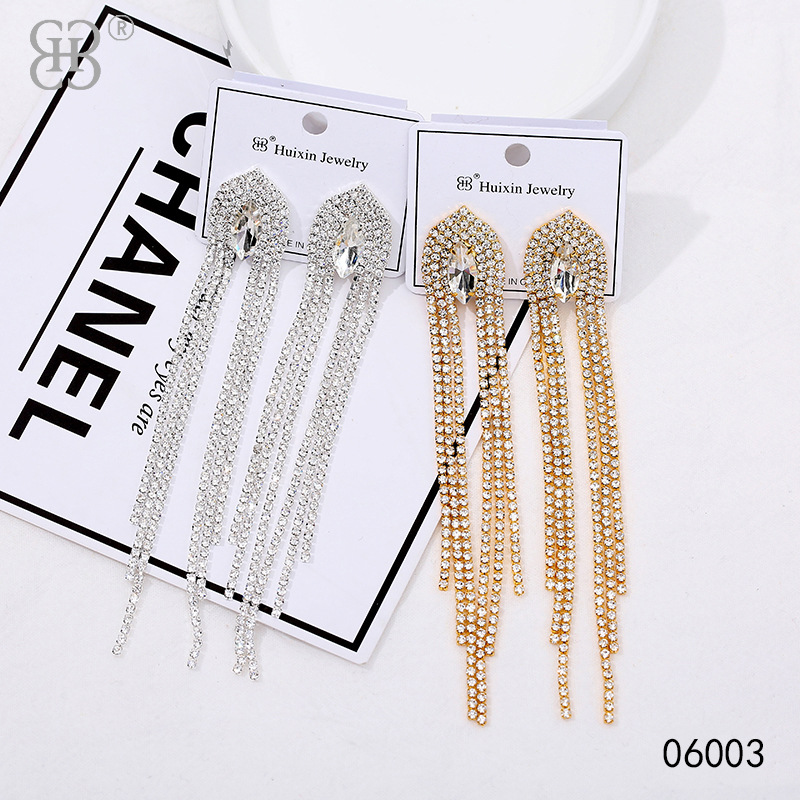 厂家直销镶水钻耳环时尚简约轻奢耳坠流苏几何个性首饰品耳钉批发