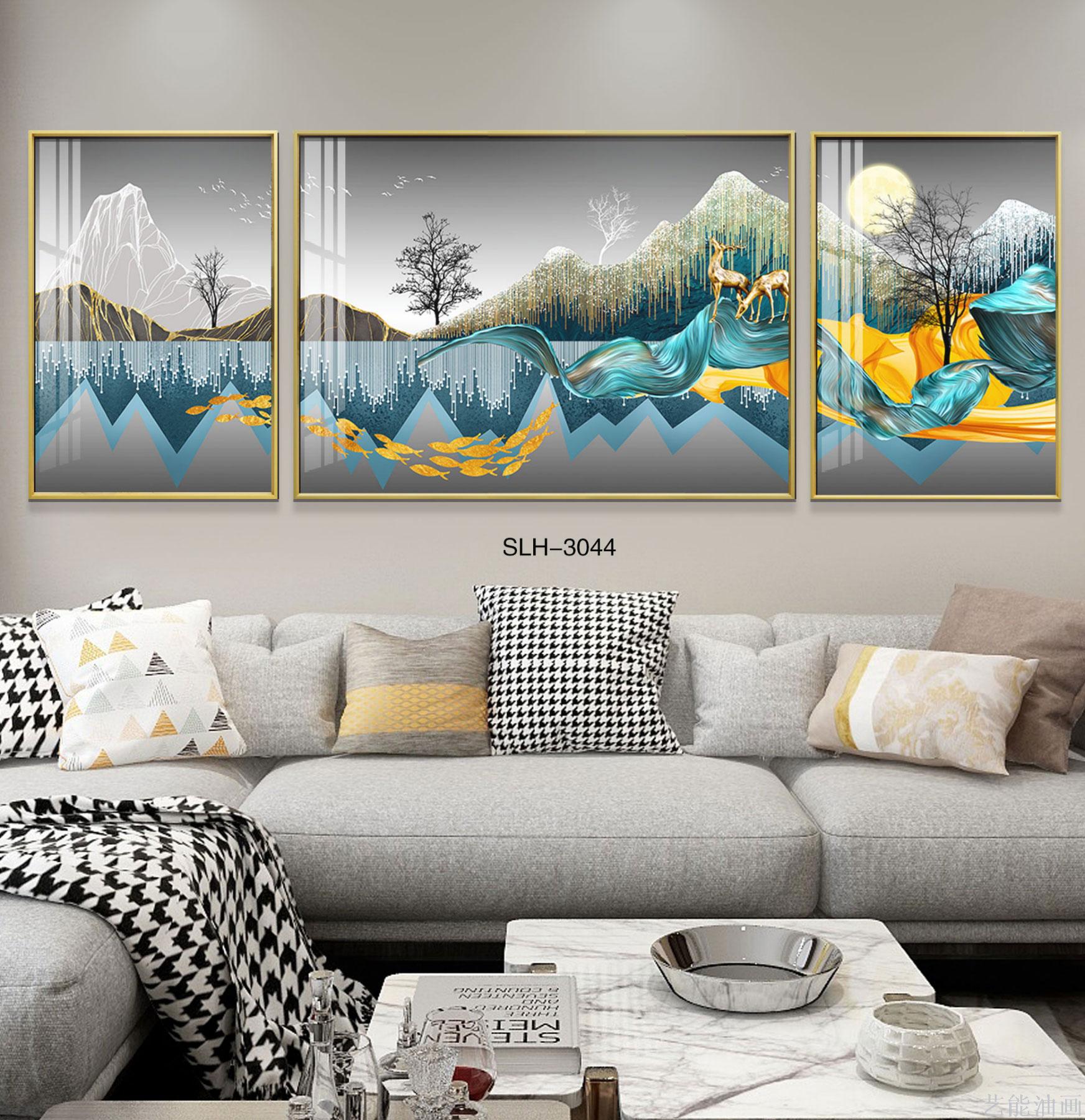 现代轻奢客厅沙发背景墙装饰画一大二小组合铝合金晶瓷晶钻三联画