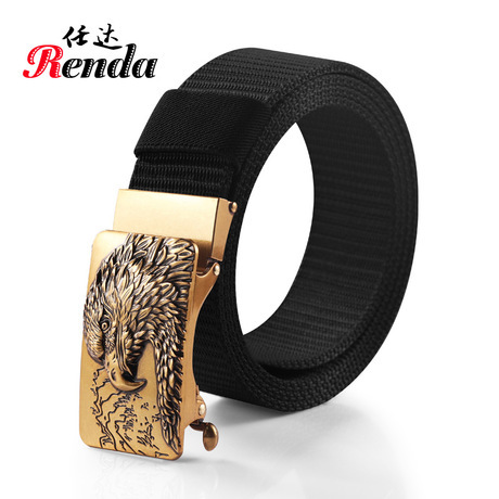 New Leisure Sports Nylon Waistband Bronze Automatic Adjustable Buckle Men‘s Leather Belt Factory Direct Sales