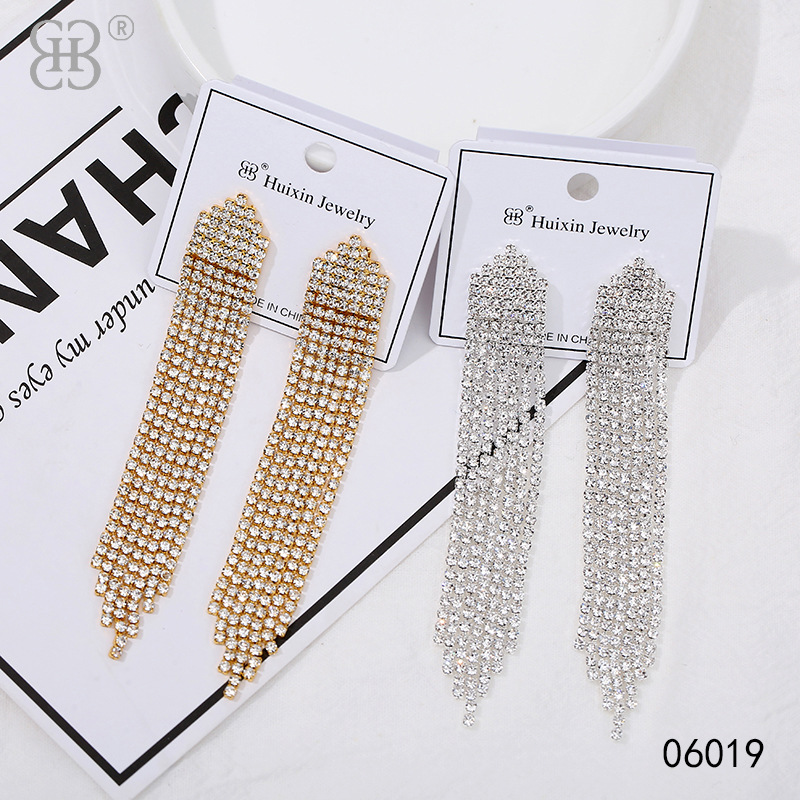 厂家直销镶水钻银针耳环时尚轻奢耳坠简约长款流苏首饰品耳钉批发
