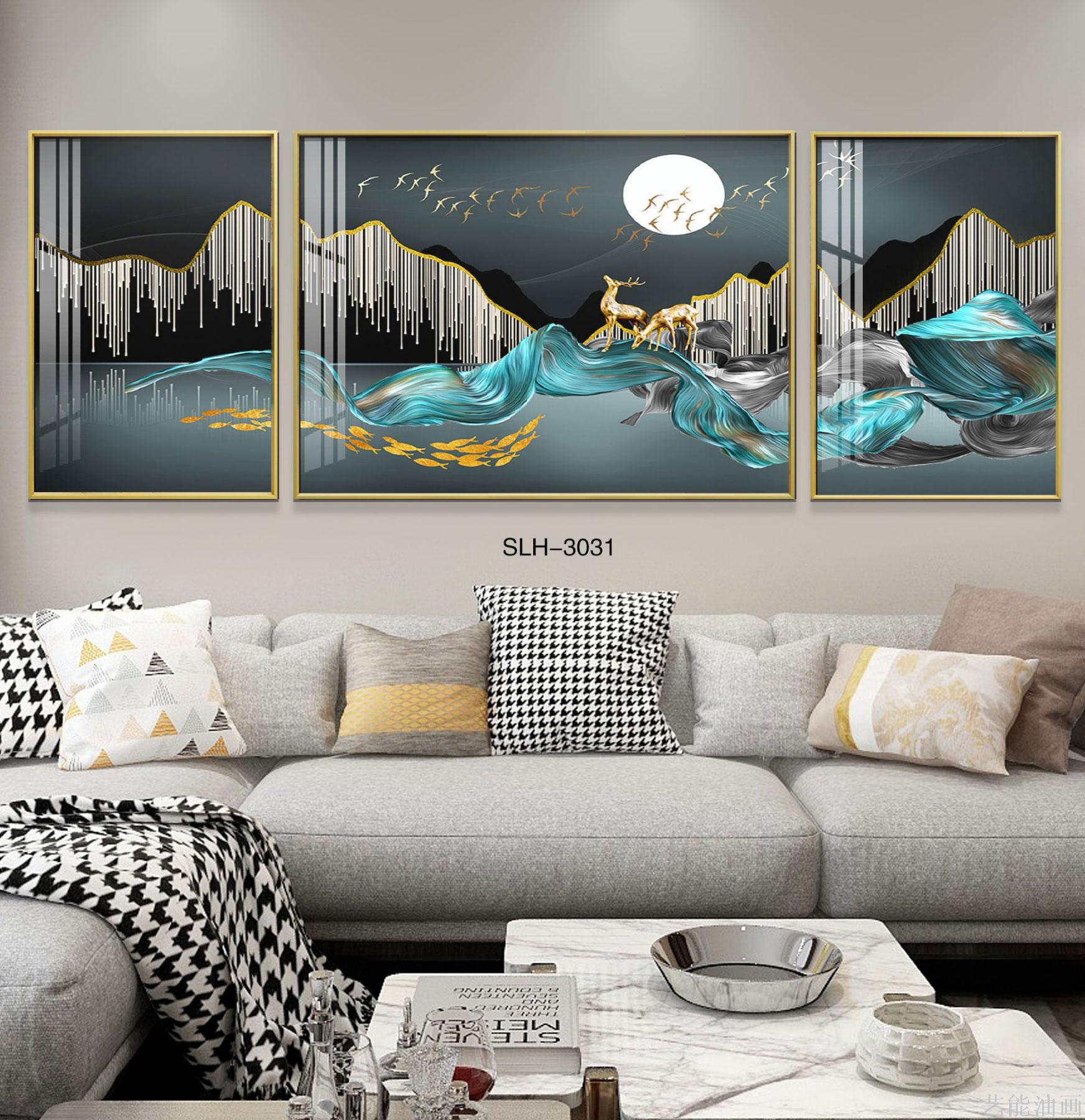 现代轻奢客厅沙发背景墙装饰画一大二小组合铝合金晶瓷晶钻三联画