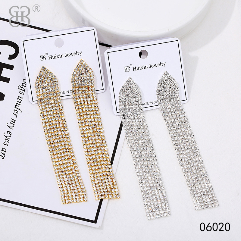 厂家直销镶水钻银针耳环气质轻奢百搭耳坠网红长款流苏首饰品耳钉