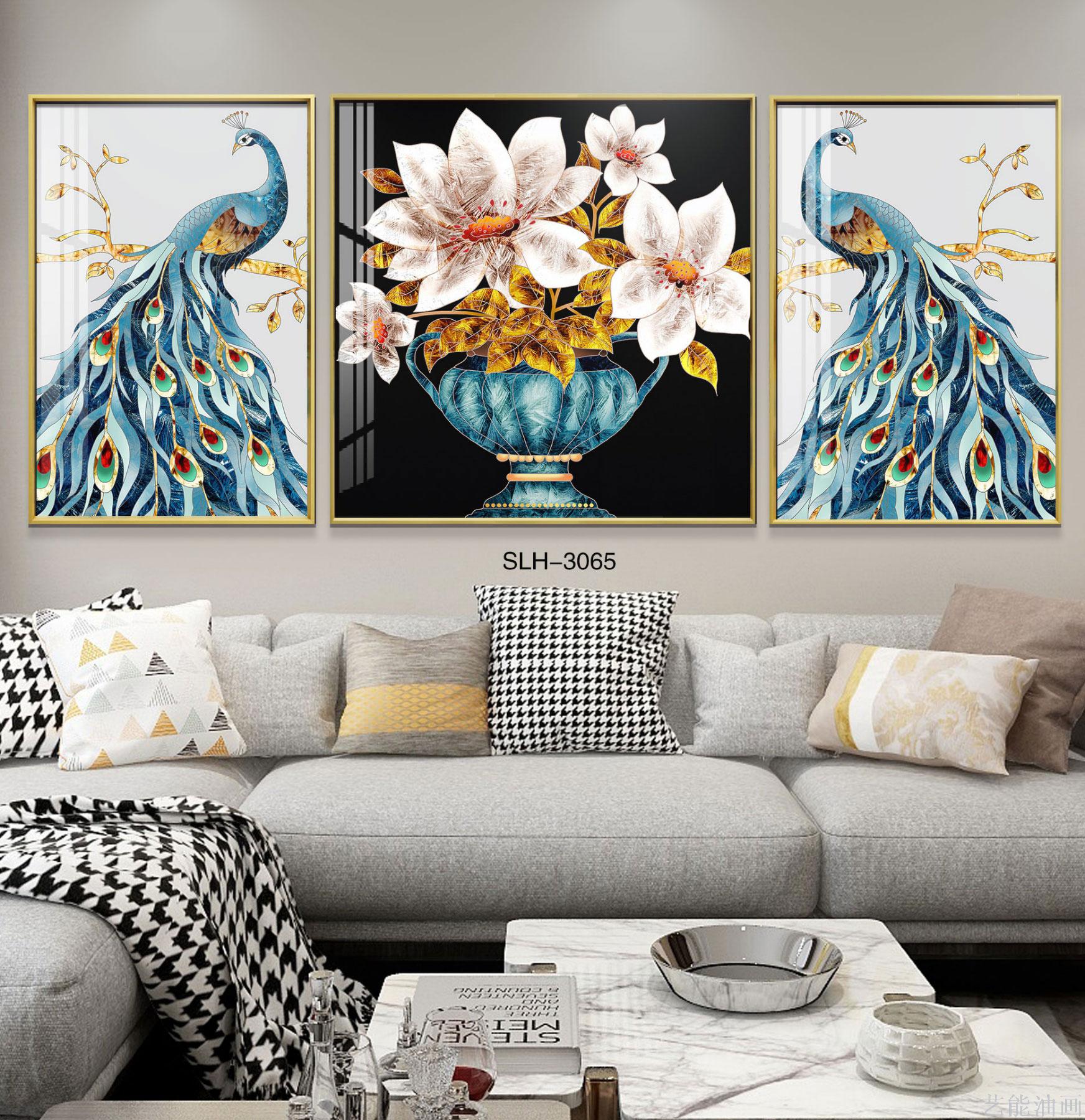 现代轻奢客厅沙发背景墙装饰画一大二小组合铝合金晶瓷晶钻三联画