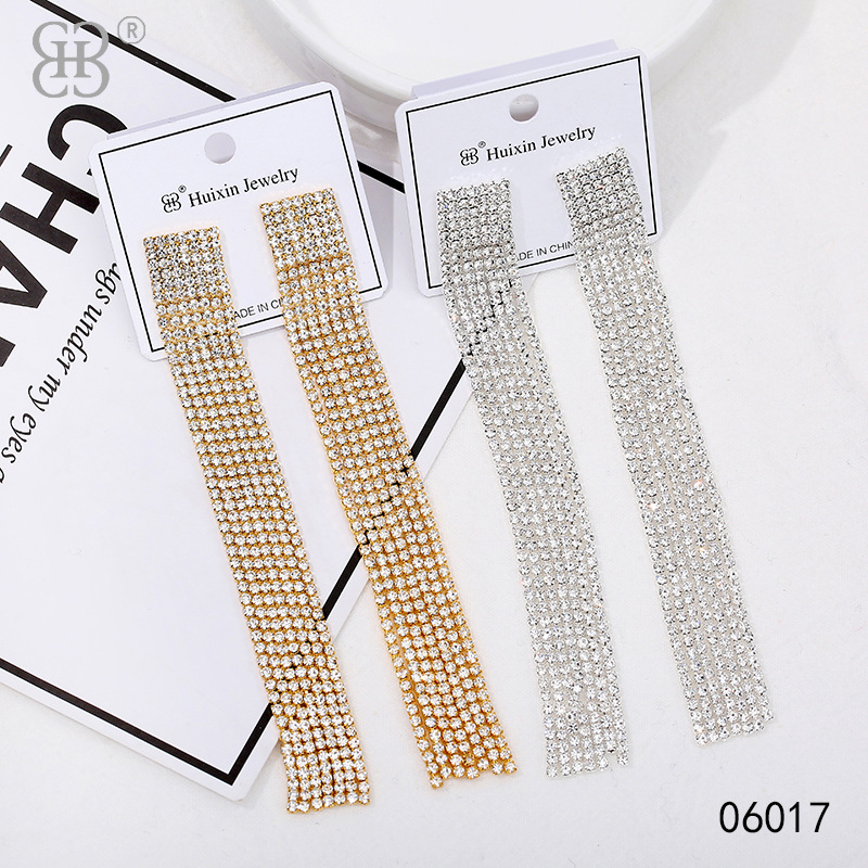 厂家直销镶满水钻银针耳环时尚轻奢耳坠简约几何流苏首饰耳钉批发