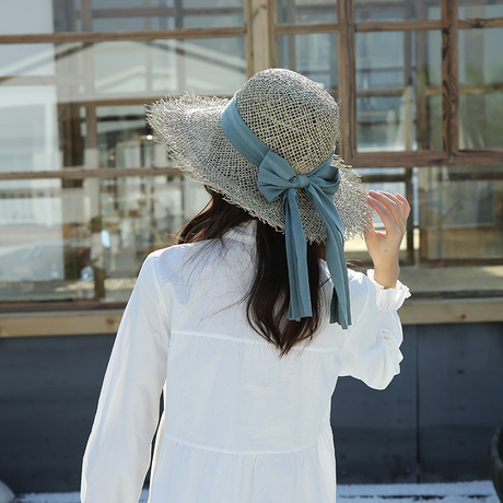 新款草帽子女夏天韩版休闲沙滩帽百搭遮阳防晒帽蝴蝶结大沿太阳帽