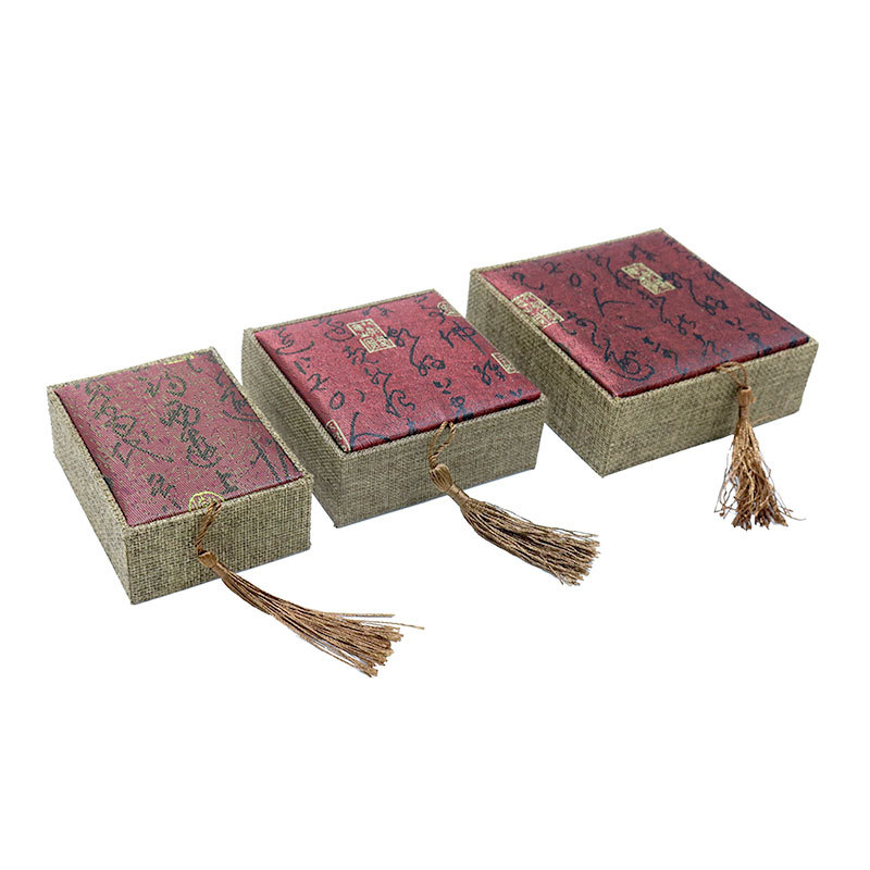 首饰盒厂家直销亚麻布流苏印文字文玩手串佛珠盒礼品饰品盒包装盒