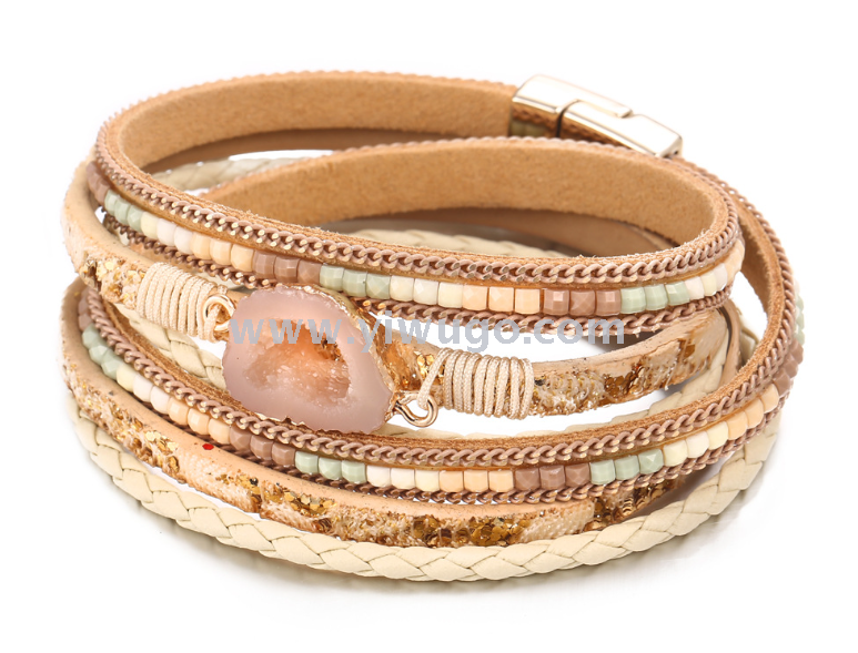 亚马逊爆款石头配件pu多层手链复古磁扣皮革手环波西米亚编织手环