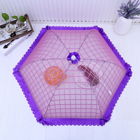 Purple Lace Mesh Fabric Food Cover Dustproof Flies Removable and Washable Folding Hexagonal Vegetable Cover Factory Direct Sales