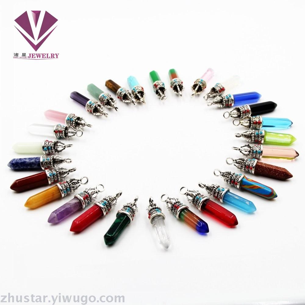 天然石皇冠六角柱饰品，紫晶，青金，粉晶石，虎眼石，红石，玛瑙