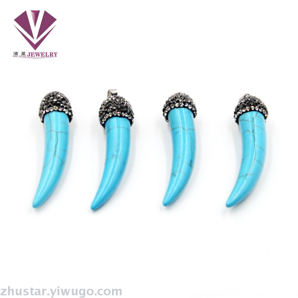 天然石粘钻牛角形吊坠，玛瑙，虎眼石，松石，蛋白石，东棱玉石