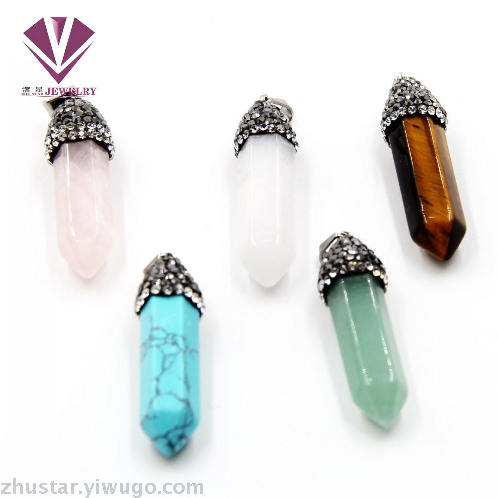 天然石粘钻六角柱吊坠，玛瑙，虎眼石，松石，蛋白石，东棱玉石